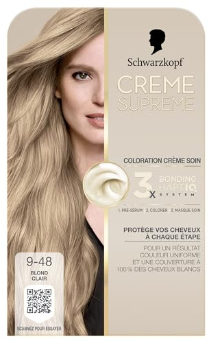 Creme Supreme, Schwarzkopf, Coloration Permanente Creme Soin, Couverture 100% Cheveux Blancs, Resultat Couleur Uniforme, 3x Bonding HaptIQ System, Pre serum et Masque Soin, 9.48, Blond Clair