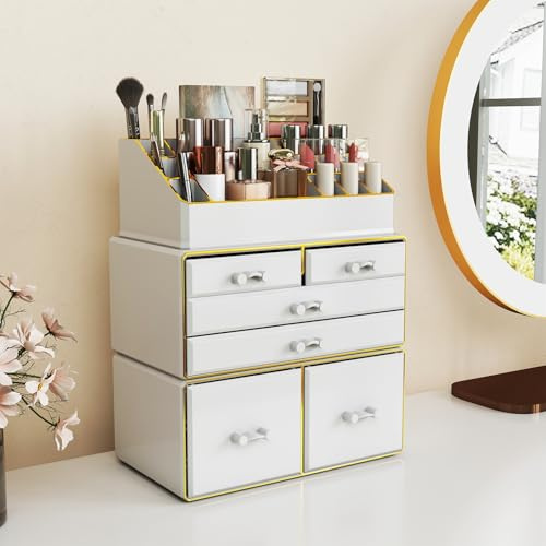 Delamu 3-Tier 6-Drawer Makeup Organizer Countertop Cosmetic Organizer for Dresser and Vanity Bathroom Organizers and Storage for Lipstick Brush Skincare Perfume, Nail Polish, White with Gold Edges