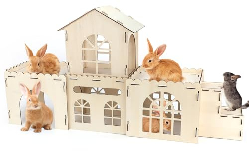 RANYPET Großes Holz-Hasenversteck Hasenburg, Kaninchenhaus für Hasen Spielhaus stabil Kaninchenschloss zum Zusammenstecken Zweistöckige Hasenkletterburg mit Treppe, Holz Schloss für Kaninchen Nagetier