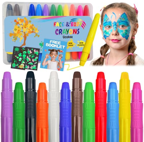 Ucokee 12 Farben Schminkstifte Kit - Abwaschbare Kinderschminke Set，2 Leuchtende Tattoo für Kinder, Sicher & Ungiftig - professionelle Schminkset für Fasching, Halloween, Geburtstagsfeie Kinder 3+