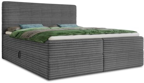 Sofnet Boxspringbett Mollo mit 2 Bettkästen, Doppelbett mit Bonell-Matratze und Topper, Polsterbett in weichem Cordstoff, Bett, Bettgestell für Schlafzimmer (Graphit (Tilia 90), 180 x 200 cm)