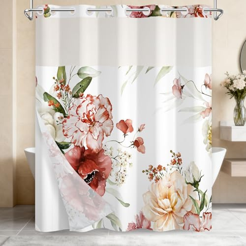 Floral Shower Curtain for Bathroom, Waterproof No Hook Shower Curtain and Liner Set with Split Ring Design, Translucent Top Mesh Window, Detachable Snap in Liner and Bottom Weighted Hem, 71W x 74L