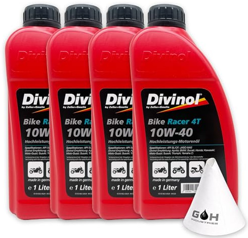 DIVINOL Bike Racer 4T | 10W-40 | 4 L | JASO MA2 | API SL/CF | 4 Takt Motoröl für Motorrad Quad ATV – Nasskupplung geeignet – teilsynthetisch | mit Trichter
