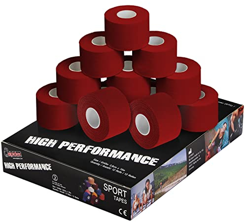 ALPIDEX 12 Rollen Sport Tape Set 3,8 cm x 10 m Gelenk Tapeverband Viele Farben Reißbares Unelastisches Sporttape Hautfreundlich Handball Fußball Volleyball, Farbe:rot