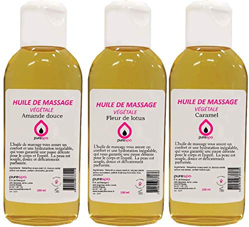 Purespa Huile de Massage végétale parfumée - 100% Massage Naturelle relaxante et exotique Pack X3 (Lotus | Caramel | Amande douce - 100 ml x 3)