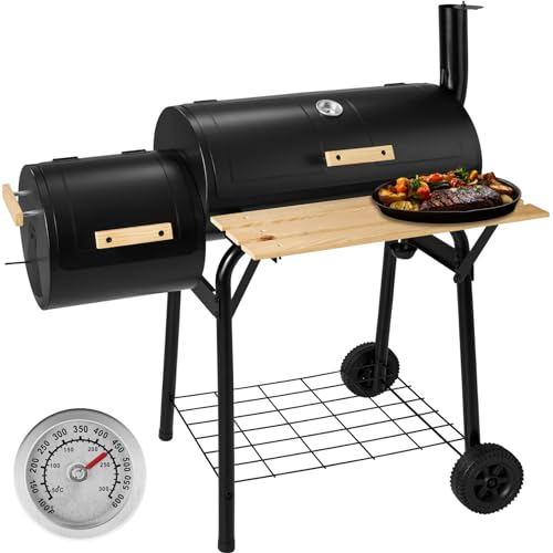 tectake® BBQ Smoker with Thermometer - Adjustable Ventilation, Chrome Plated Grill Grates, Metal Frame, Wooden Shelf - Barbecue Ideal for Charcoal, Smoke or Steam Cooking, Camping - Large