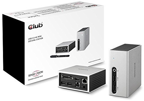 Club 3D SenseVision USB 3.0 4K Mini Docking Station-1x HDMI UHD, 1x DVI-D, 4x USB3.0, 2x USB BC 1.2 Schnelladen, 1x RJ45, 1x 2.1ich /Mich, LED Funktionsleiste, Aluminium/schwarz