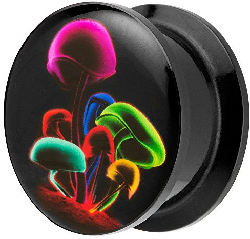Piersando Ohr Plug Piercing Kunststoff Motiv Comic Picture Flesh Tunnel Ohrplug mit Neon Pilze Bunt Schwarz 22mm