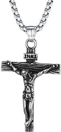 FaithHeart Collana Croce Uomo Crocifisso INRI Ciondolo di Gesù Modello Retro Cristo sulla Croce con Catena da 55+5 cm in Argento/Oro/Nero/Oro Rosa Personalizzato Regalo Compleanno