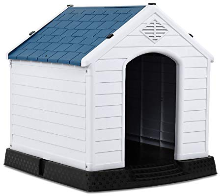 COSTWAY Hundehütte, Hundehaus aus Kunststoff, Hundehöhle mit Erhöhtem Boden & Wasserfestem Dach, Haustierhütte Hundehöhle, für Garten Drinnen Draußen, Blau+Weiß (70x65x71,5cm)
