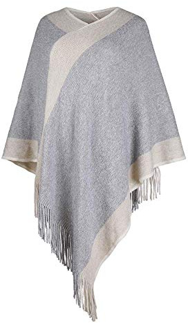 Poncho pour femme avec col en V et rayures en tricot avec franges, cadeau pour femme et maman, beige, taille unique