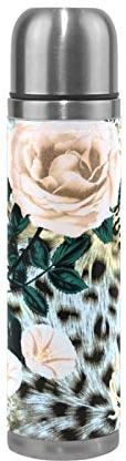 Linomo Thermosflasche Leopard Druck Rose Edelstahl Wasserflasche,Isoliert Auslaufsicher, Doppelwandig Vakuumflasche für Sport Reise Camping Büro 500 ml
