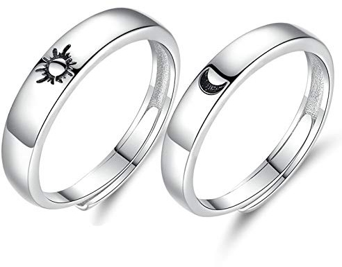 Beydodo vigselringar 925 silver parpris, förlovningsring par med gravyr I Love You sol måne vigselringar nickelfria partnerringar justerbara ringar set, Silver, Utan zirkonium