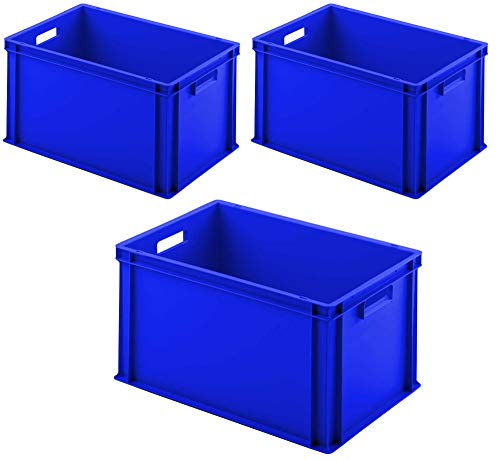 BRB 3x Euro-Stapelbehälter mit 2 Durchfassgriffen, LxBxH 600x400x320 mm, blau
