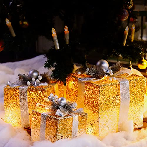 CCLIFE Juego de 3 Cajas de Regalo LED para Navidad, Cadena de Luces iluminadas, Funciona con Pilas, decoración navideña