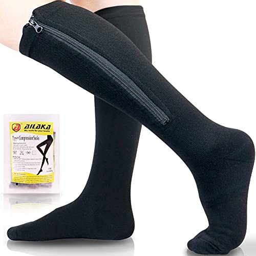 Ailaka Calze a compressione con cerniera da 15-20 mmHg per donne e uomini, supporto per dita chiuse, calze mediche graduate per vene varicose, perfette per atletica, corsa, viaggi in volo, supporto,