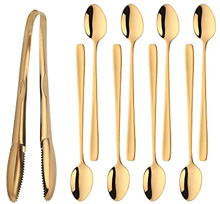 YDware Latte Macchiato Löffel Set Gold Longdrinklöffel 8 Stück und Eiszange 1 Stück, 20 cm - Lange Löffel für Cocktails & Desserts 304 Edelstahl Spülmaschinengeeignet