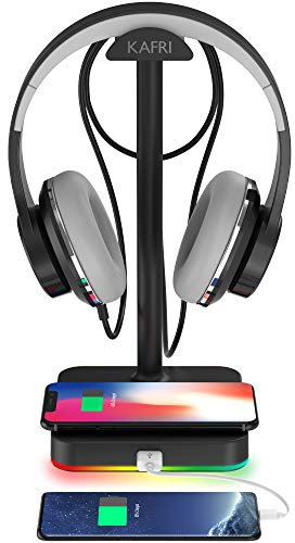 RGB Headphone Stand with Wireless Charger KAFRI Desk Gaming Headset Holder Hanger Rack with 10W/7.5W QI Charging Pad and QC 3.0 USB Port - Suitable for Gamer Desktop Table Game Earphone Accessories