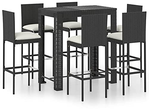 Susany Gartenbar Set 7-TLG. mit Kissen Theke Bar Tresen Gartentheke Bartisch Stehtisch Barstuhl Barhocker Gartenmöbel Poly Rattan Schwarz