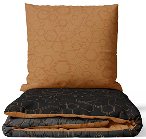 Leonado Vicenti Bettwäsche 100% Baumwolle Set Kupfer Schwarz Geometrisch modern Deckenbezug Kissenbezug mit Reißverschluss, 2teilig, 155x220 cm