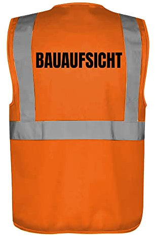 Fassbender-Druck WARNWESTEN - Sicherheitsweste ORANGE mit Taschen und Reißverschluss nach EN ISO 20471 zertifiziert - Warn Weste für BAUAUFSICHT - Unisex mit hochwertigem Reflektorstreifen