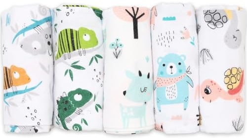 FENSILO Paños de muletón, paquete de 5 pañales de franela de 100% algodón, 80 x 80 cm, paños para eructos para bebés, paño para eructos de franela unisex para niños o niñas, camaleón