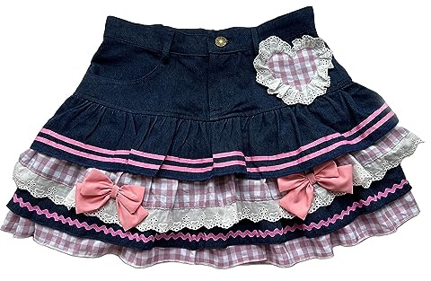 Faldas Preppy Lolita Kawaii para Mujer, minifaldas Dulces, Falda de Estilo Ballgown de Mezclilla, Falda de Cintura Alta con Encaje Estilo Pastel de la era Y2K, Negro, S