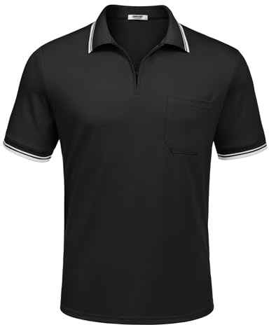 COOFANDY Poloshirt Herren Kurzarm Polohemd mit Brusttasche Männer T-Shirt Polokragen Polo Shirt Sommer T-Shirt Golf Shirts mit Kontrast Regular Fit A-Schwarz L