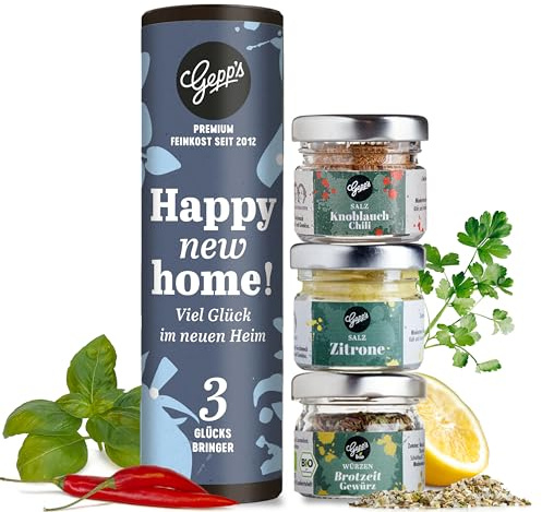 Gepp's Feinkost Gewürz Geschenk zum Einzug I 3 kleine Einzugsgeschenke | Haus & Wohnung I Probierset mit Zitronensalz, Knoblauch Chili Salz & Brotzeit Gewürz I Einweihungsgeschenk I Richtfest
