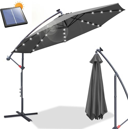 Daromigo Sonnenschirm LED Solar 300 cm Grau mit Kurbel| Alu Ampelschirm mit Ständer | Gartenschirm Sonnenschutz UV-Schutz Aluminium | Kurbelschirm Marktschirm wasserdicht für Garten
