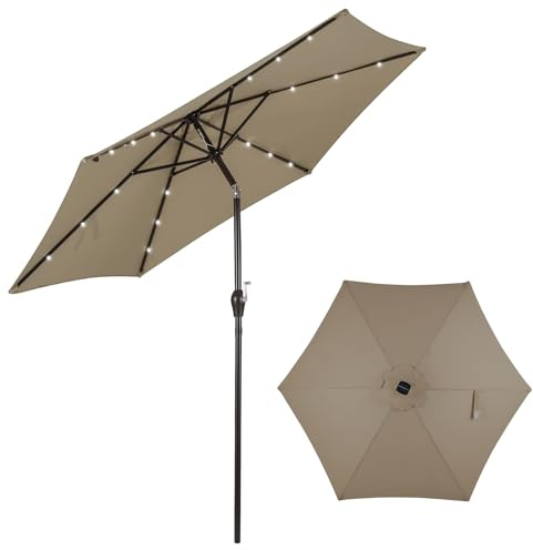 KOMFOTTEU Ombrellone da Giardino 3 x 3 m con LED e Manovella, Ombrellone da Balcone Pieghevole e Inclinabile, Ombrellone da Cortile in Tessuto di Poliestere, Ombrellon per Patio, Spiaggia (Marrone)