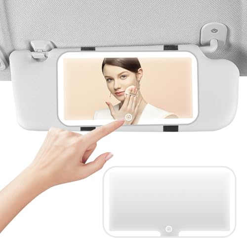 Led Car Vanity Mirror with Lights - 3 Color Temperature Sun Visor Vanity Mirror, Touch Control Rechargeable Rear View Car Interior Accessories for Women, White
