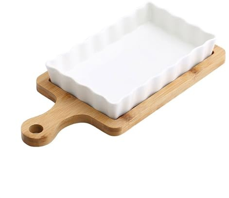 XXAD553TY Pirofila Teglia in Ceramica Teglia da Forno for Riso al Forno con Formaggio e Manico in Legno antiscottatura Pirofila in Ceramica(650ml)