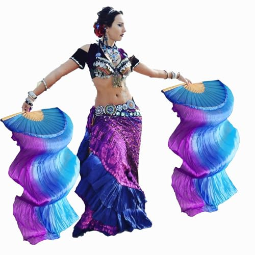Belly Dancwe 1 paire (gauche + droite) fait à la main 99 % soie imitation soie - Éventails longs pour danser - Voiles de soie - Bleu - Imitation soie