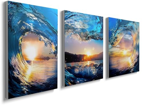prinfantasy Framed Canvas Wall Art Printing Painting Poster Blue Canvas Prints Wall Decor for Bedroom Living Room Bathroom Office 30x40cmx3Pcs, YH1402
