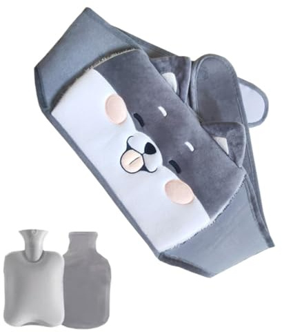 Wärmflasche Wärmflaschengürtel, Wärmflasche mit Weichem Plüschbezug aus Gummi mit weichem Taillen-Bezug, Wärmflaschengürtel für Nacken, Schulter, Rücken und Beine (Grau-Welpen)
