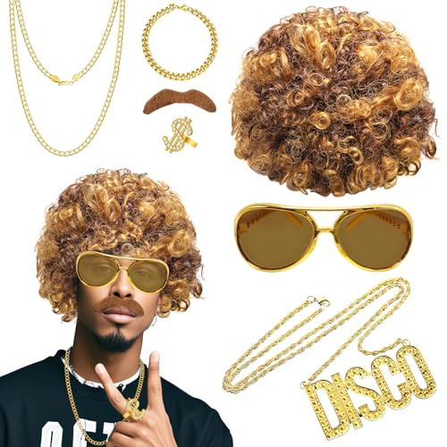 RoserRose 70er Vokuhila Perücke Herren Mit 7pcs Zubehör, 80er Perücke Herren mit Coole Sonnenbrille, Goldkette, Ring, Armband & Bart, Jahre Disco Cosplay, Kostümfeste, Karneval Kostüm