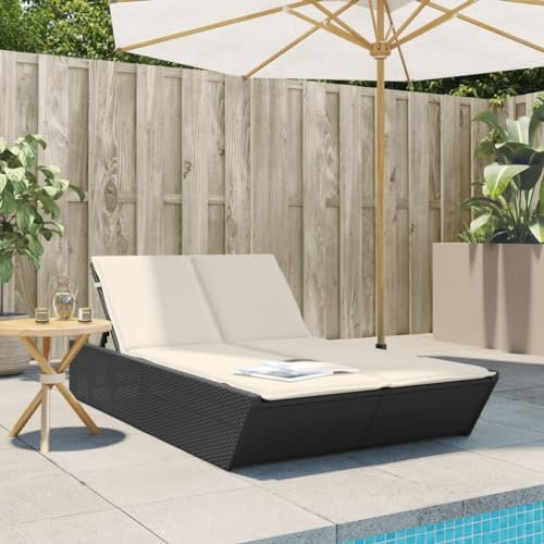 Xichuzi Doppel-Sonnenliege mit Kissen Schwarz Poly Rattan, Gartenliege, Liegestuhl, Sonnenstuhl, Sonneninsel Outdoor, Liegen, Gartenmöbel, Bäderliege, Relaxliege - 368179