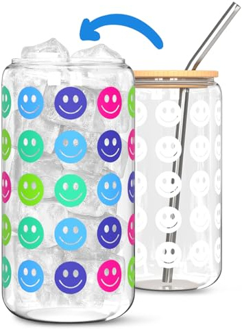 Magisches Farbwechsel Trinkglas 470ml mit Bambusdeckel & Strohhalm – Iced Coffee Glas für Eiskaffee & Smoothies – Besonderes Geburtstagsgeschenk für Frauen & Freundin – Kaltreaktiv