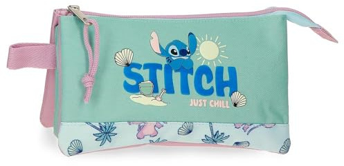 Disney Stitch Just Chill Estuche Triple Verde 22x12x5 cms Poliéster by Joumma Bags