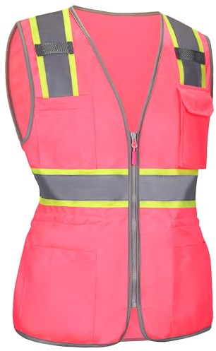 MZCYHCSD Pink Reflective Safety Vest for Women with Pockets, High Visibility Construction Work Vest for Lady Workers/Drivers, ANSI Type R Class2, S