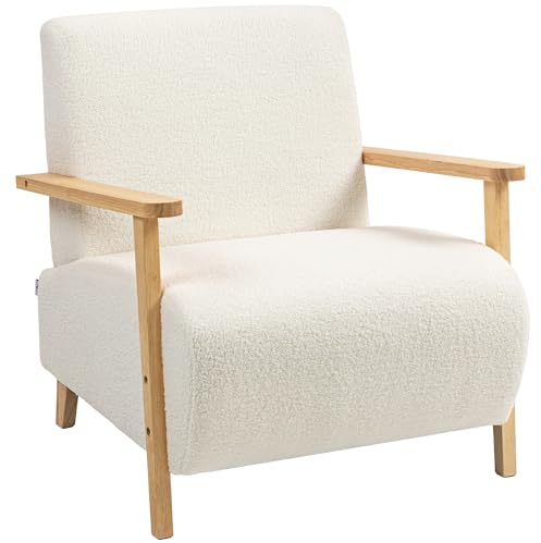 HOMCOM Sessel mit Rückenlehne, Armlehnen, Gepolstert Loungesessel mit Sherpa-Optik, Holzbeine, für Schlafzimmer, Wohnzimmer, bis 120 kg, Cremeweiß