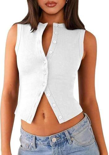 Sukiglam Canotta Donna Elegante Estive Senza Maniche Maglia a Costine Canottiera con Bottoni Frontali Crop Top on Scollo a V/Alto Sexy Elasticizzato Slim Fit Y2k Tops Moda Streetwear