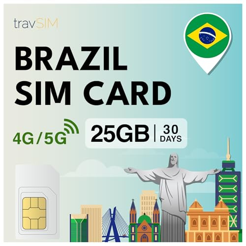 travSIM SIM-kort Brasilien | 25 GB - 30 dagars mobildata med 4G/5G-hastigheter | obegränsad internetåtkomst för Google, Facebook, WhatsApp och mer