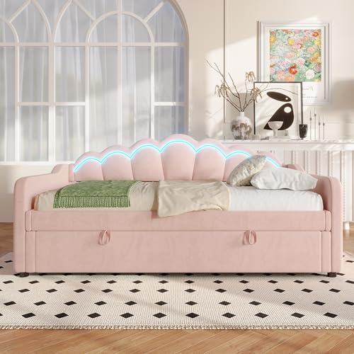 Merax Tagesbett 90x200 cm Schlafsofa mit Hydraulischem Stauraum, Farbwechselbarem LED-Streifen, Bettrahmen mit Lattenrost (ohne Matratze), Samt, Rosa