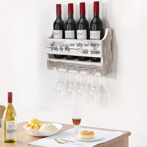 AOAOPQ Wine Racks BarShelves Wall Mounted with This is Us Stem Glass Holder Hanging Wine Holder Wine Accessories for Home Kitchen Dining Room Bar Décor Wall Display Wash White