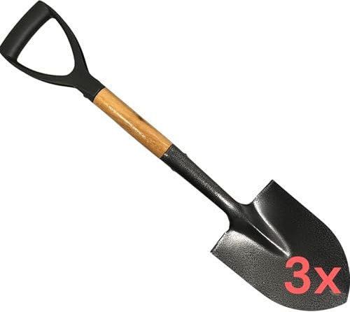 3x Spaten 70cm - Gärtnerspaten Gartenschaufel Campingspaten Holzgriff D-Griff - Robuster Feldspaten Schaufel Metall Klein Rundspaten Gartenspaten, Mini Garten Schippe, kein Klappspaten, + 1 Bildmagnet