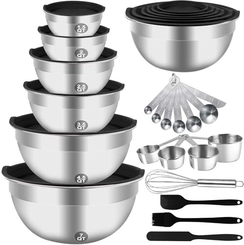 5-Speed Electric Hand Mixer, 4 Large Mixing Bowls Set, Handheld Mixers with Whisks Beater, Stainless Steel Metal Nesting Bowl Measuring Cups Spoons Kitchen Cake Blender for Baking Supplies