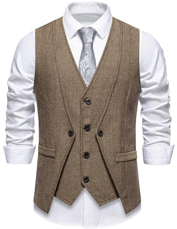 Generisch Gilet de costume pour homme de style double boutonnage - Gilet d'affaires slim fit aspect tweed avec revers | Gilet élégant pour mariage, costume et occasions formelles, Style r01 marron