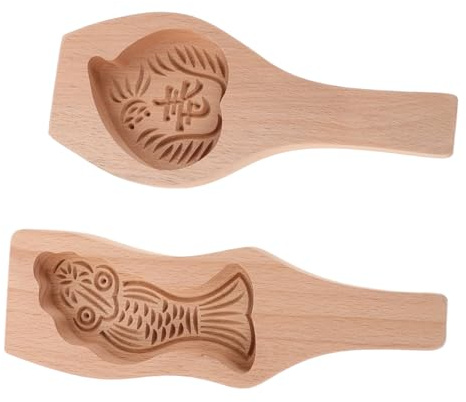 DEARMAMY 2pcs Mid-Autumn Festival Bakeware Wooden Cookie Press Moon Cake Molder Wooden Butter Mold Cookie Mold for Baking Handle Design Light Brown